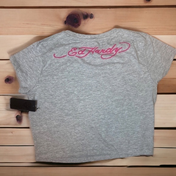 Ed Hardy Love Kills Slowly Gray Crop T-shirt Top Large - Picture 2 of 5
